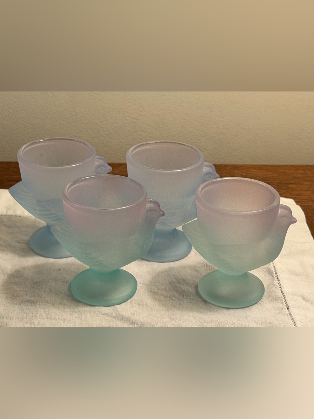 Set Four Vintage Arcopal France Chicken Egg Cups Frosted Glass Aqua Blue Pink